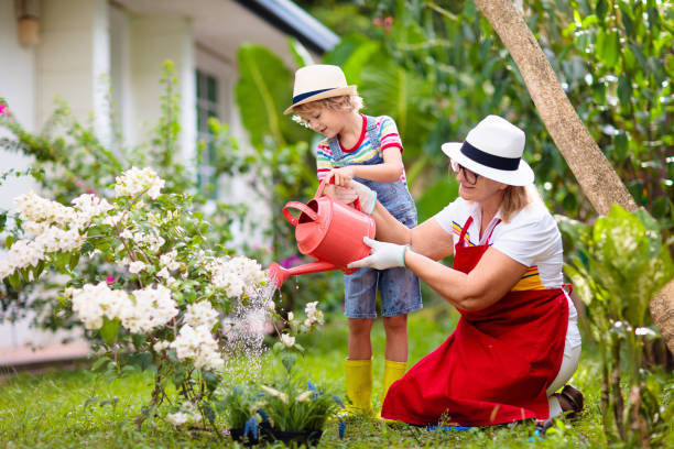 Woman and child gardening. Grandmother and little boy in sun hat watering garden plants and flowers. Kids work in beautiful sunny blooming backyard. Family outdoor hobby and healthy activity.