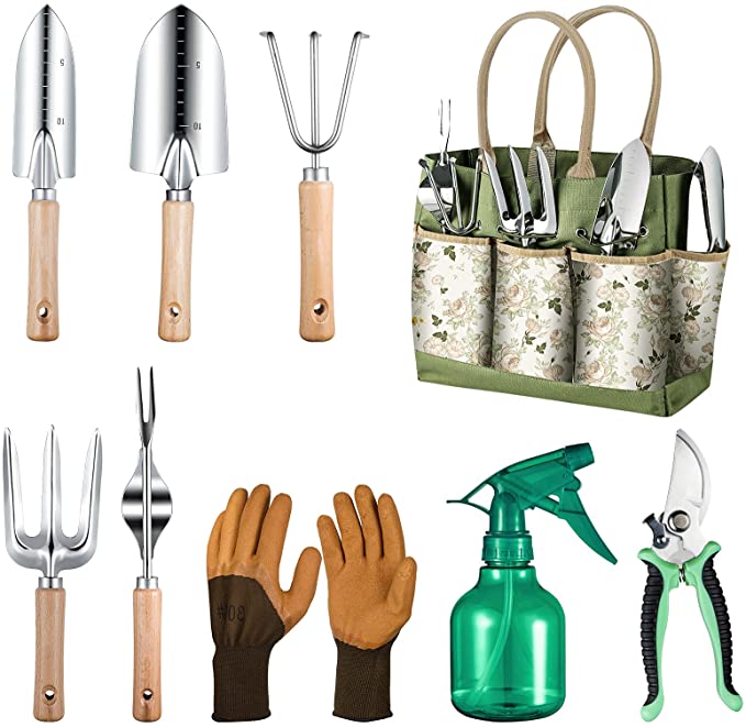 GRENEBO Gardening Tool Set: 9-Piece Heavy Duty Gardening Tools